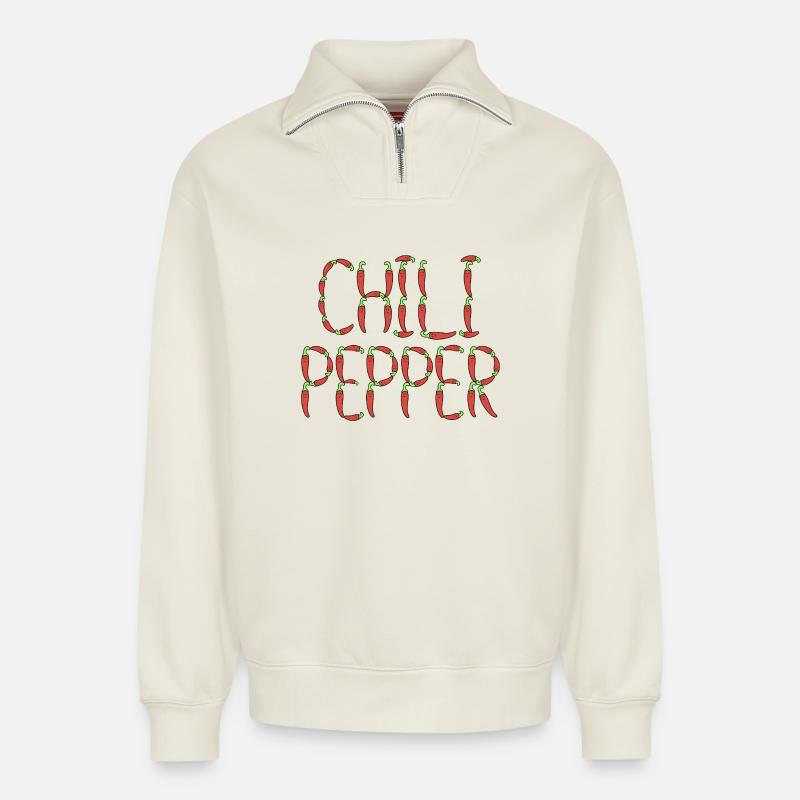 Typographie du piment - Sweat unisexe décontracté en coton biologique à demi-zip – de SPREAD - blanc cassé