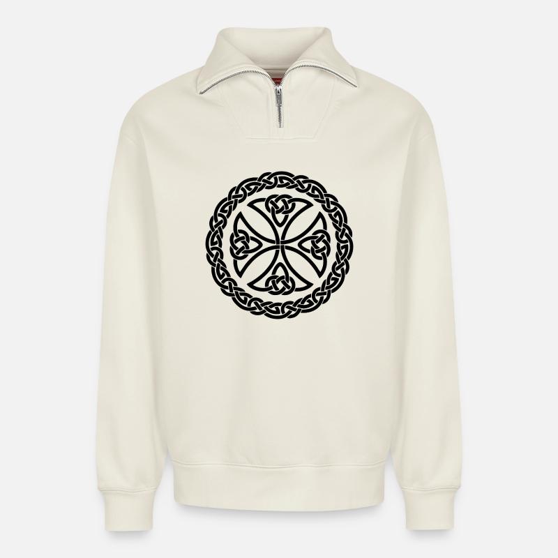 Circular Celtic Knot Emblem - Relaxed Unisex Organic Half Zip Sweatshirt – by SPREAD - off white