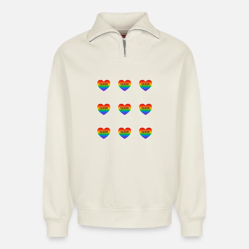 Queer Rainbow Hearts Pattern - Relaxed Unisex Organic Half Zip Sweatshirt – by SPREAD - off white