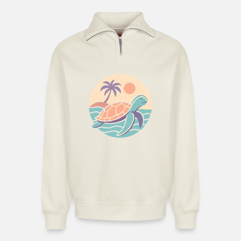 Retro Schildkröte am Strand  - Relaxed Unisex Organic Half Zip Sweatshirt – von SPREAD - Naturweiß