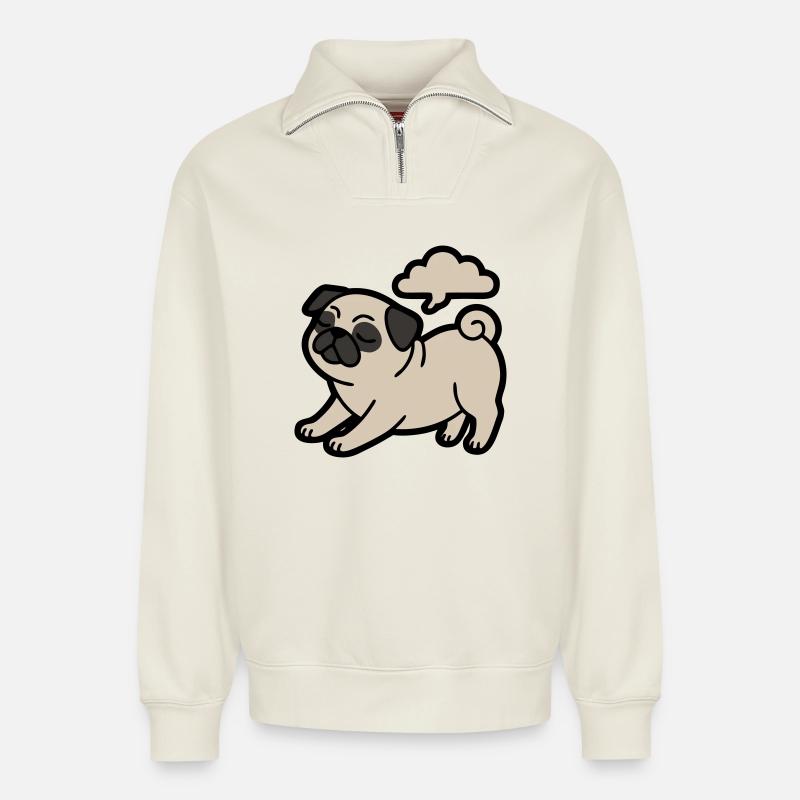 Pupsender Mops Hund Lustig - Relaxed Unisex Organic Half Zip Sweatshirt – von SPREAD - Naturweiß