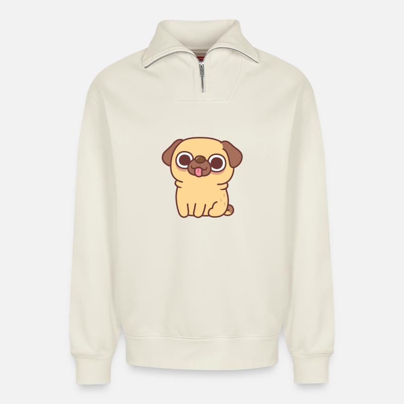 Carlin Faon assis mignon - Sweat unisexe décontracté en coton biologique à demi-zip – de SPREAD - blanc cassé