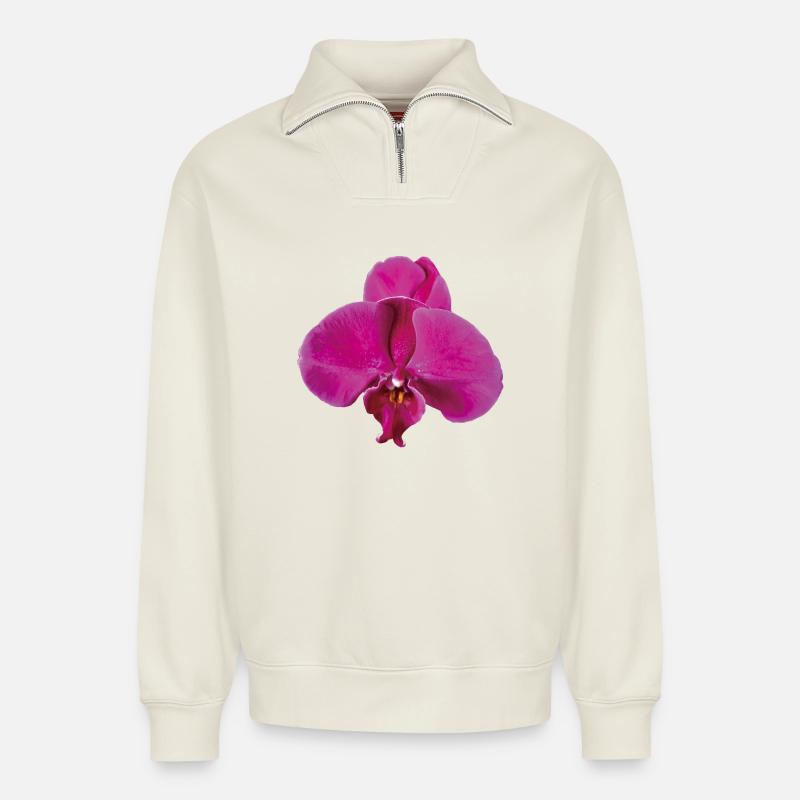 Vivid_Pink_Phalaenopsis_Noth_Orchid_Bloom - Relaxed Unisex Organic Half Zip Sweatshirt – von SPREAD - Naturweiß