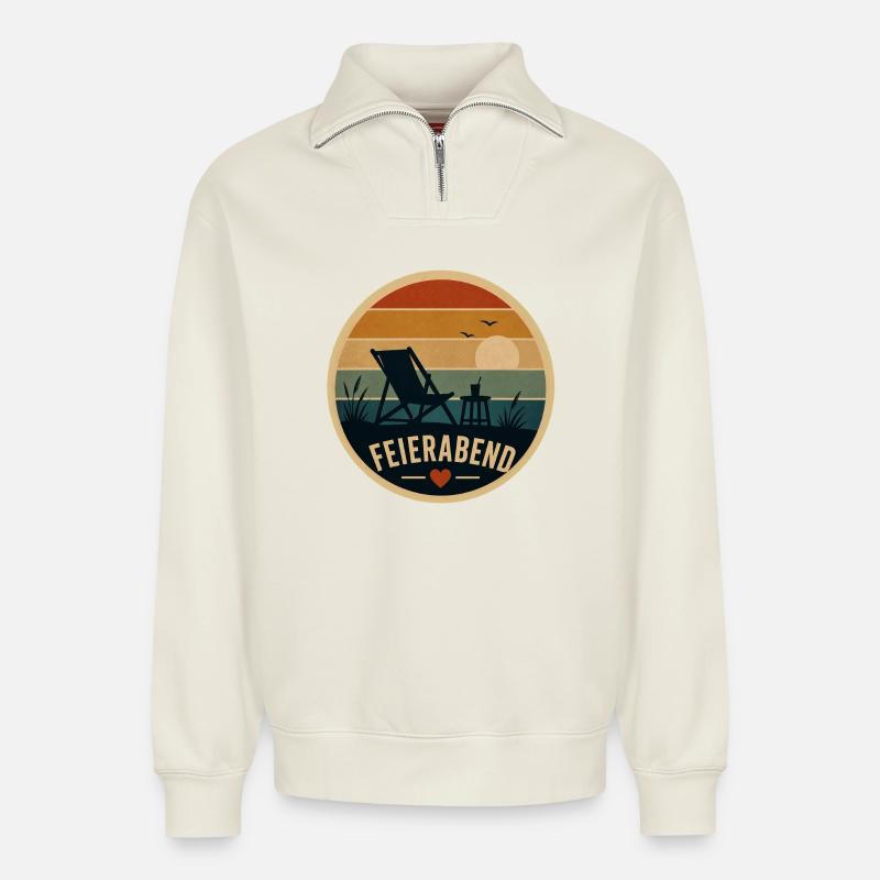 Feierabend Retro - Relaxed Unisex Organic Half Zip Sweatshirt – von SPREAD - Naturweiß