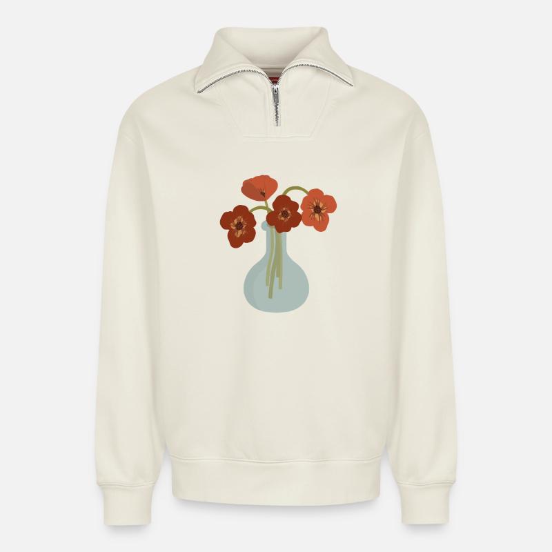 Rote Mohnvase Floral - Relaxed Unisex Organic Half Zip Sweatshirt – von SPREAD - Naturweiß