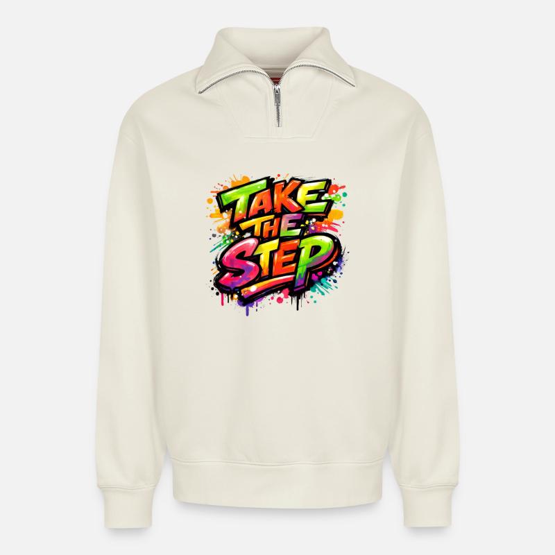 Take_the_Step - Sweat unisexe décontracté en coton biologique à demi-zip – de SPREAD - blanc cassé