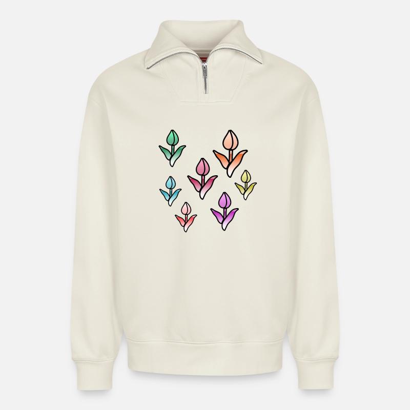Blumen - Relaxed Unisex Organic Half Zip Sweatshirt – von SPREAD - Naturweiß