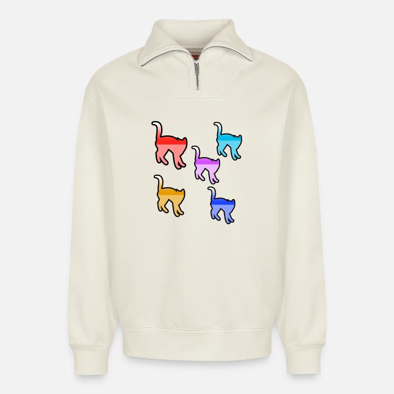 félin - Sweat unisexe décontracté en coton biologique à demi-zip – de SPREAD - blanc cassé