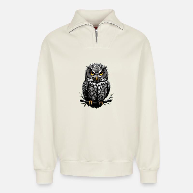 Eulenprint - Relaxed Unisex Organic Half Zip Sweatshirt – von SPREAD - Naturweiß