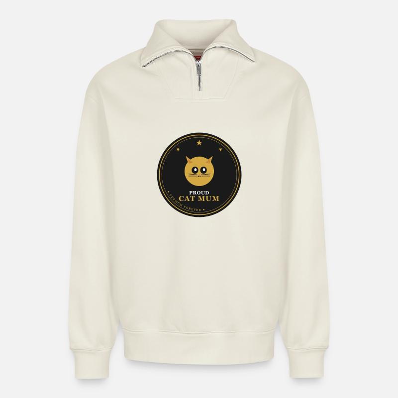 Stolze Katzenmama-Emblem - Relaxed Unisex Organic Half Zip Sweatshirt – von SPREAD - Naturweiß