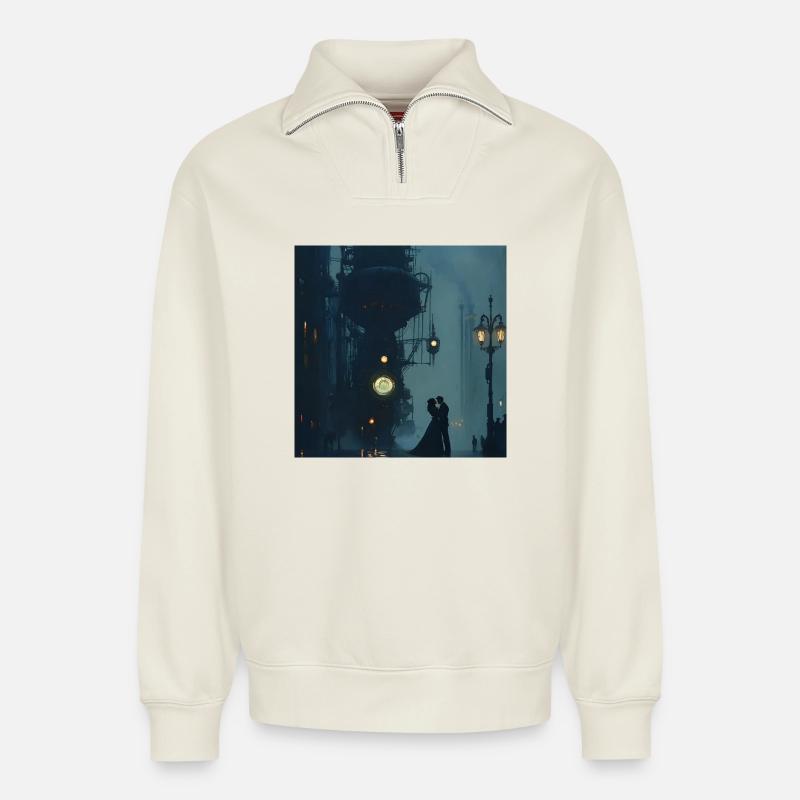 Dampferromantik im Nebel - Relaxed Unisex Organic Half Zip Sweatshirt – von SPREAD - Naturweiß