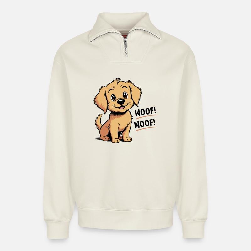 Cozy den Hund – Wuff – Wuff - Relaxed Unisex Organic Half Zip Sweatshirt – von SPREAD - Naturweiß