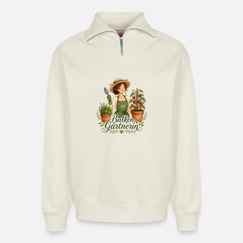 Balkon Gärtnerin - Relaxed Unisex Organic Half Zip Sweatshirt – von SPREAD - Naturweiß