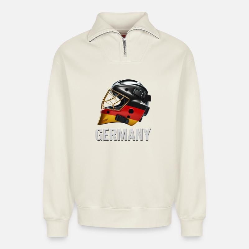 Deutschland Flaggenhelm Grafik - Relaxed Unisex Organic Half Zip Sweatshirt – von SPREAD - Naturweiß