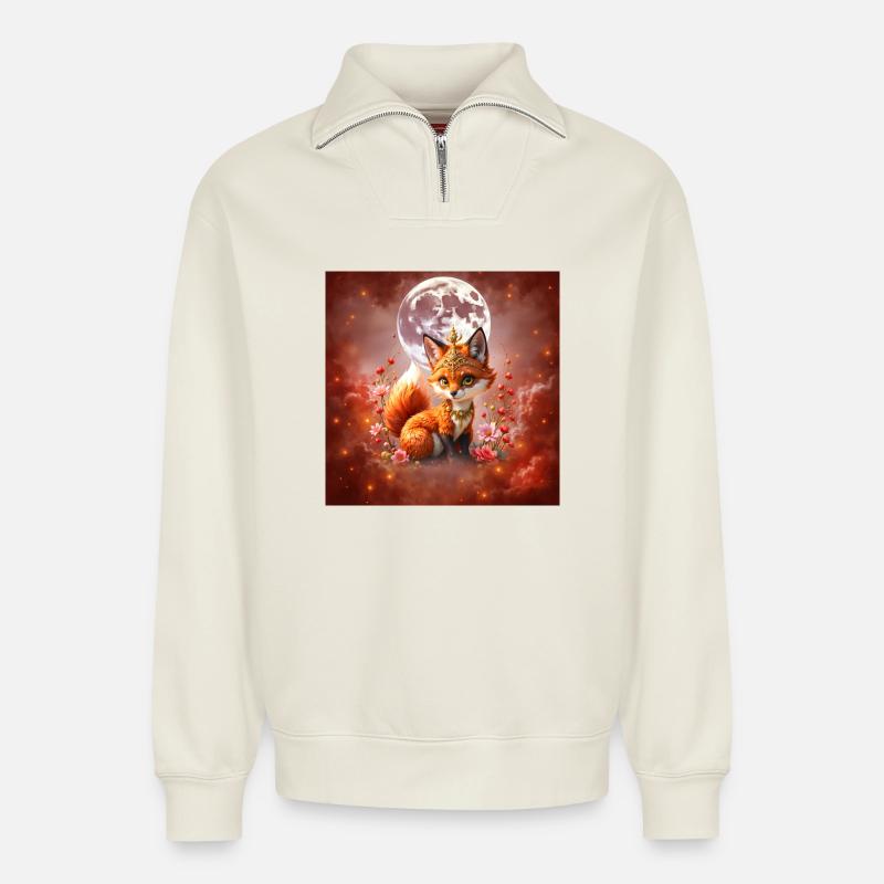 Lunar Fox with Jewels - Relaxed Unisex Organic Half Zip Sweatshirt – by SPREAD - off white