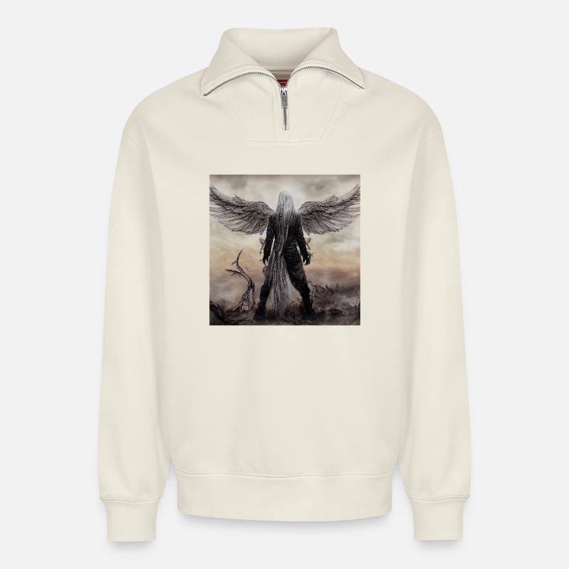 Winged Guardian in the Mist - Relaxed Unisex Organic Half Zip Sweatshirt – by SPREAD - off white