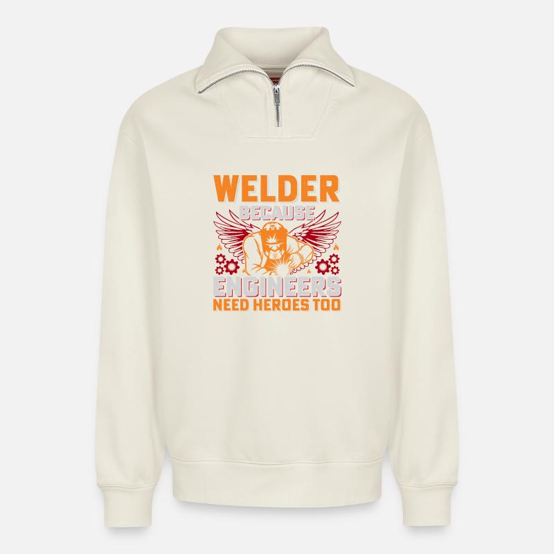 Schweißerhelden: Ingenieure brauchen Helden - Relaxed Unisex Organic Half Zip Sweatshirt – von SPREAD - Naturweiß