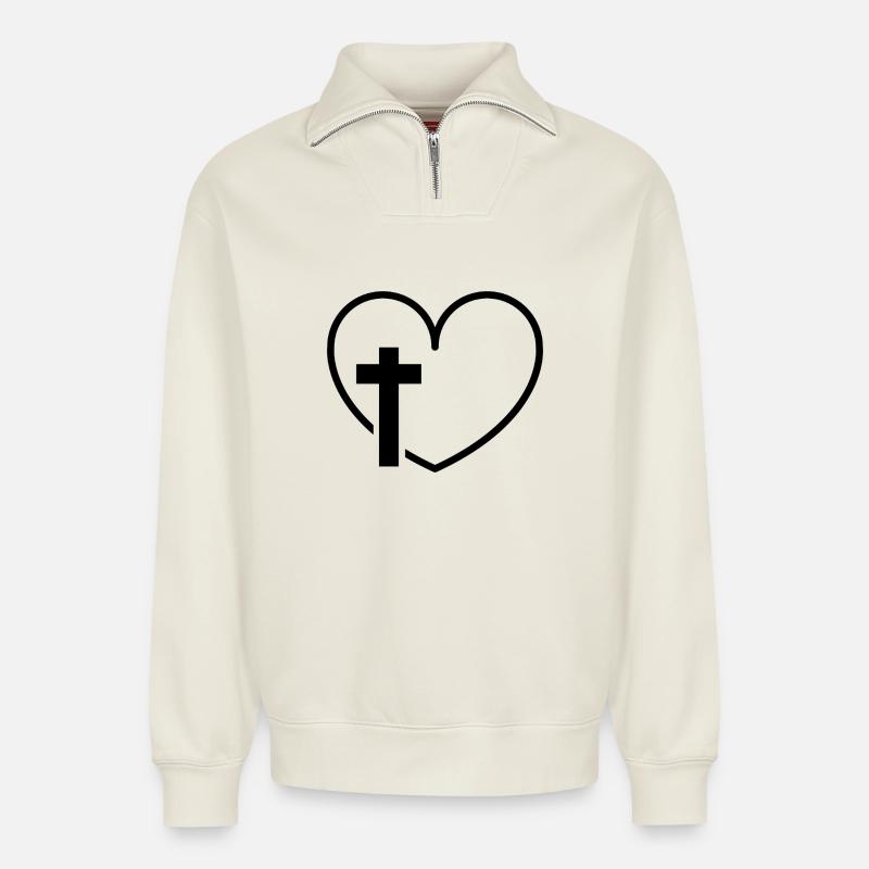 Cross Heart - Relaxed Unisex Organic Half Zip Sweatshirt – by SPREAD - off white
