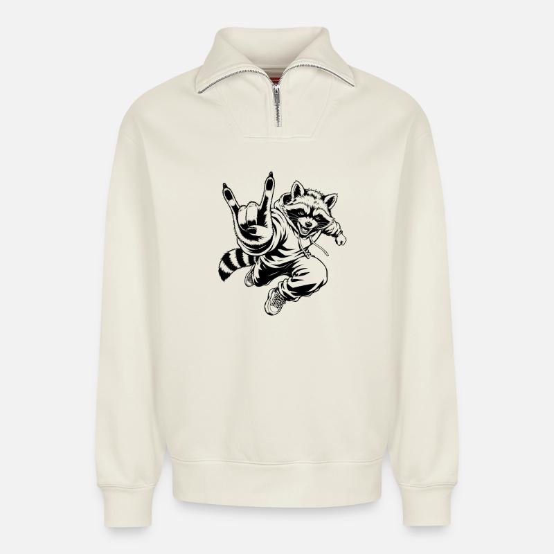 Rockender Waschbär mit Pommesgabel - Relaxed Unisex Organic Half Zip Sweatshirt – von SPREAD - Naturweiß