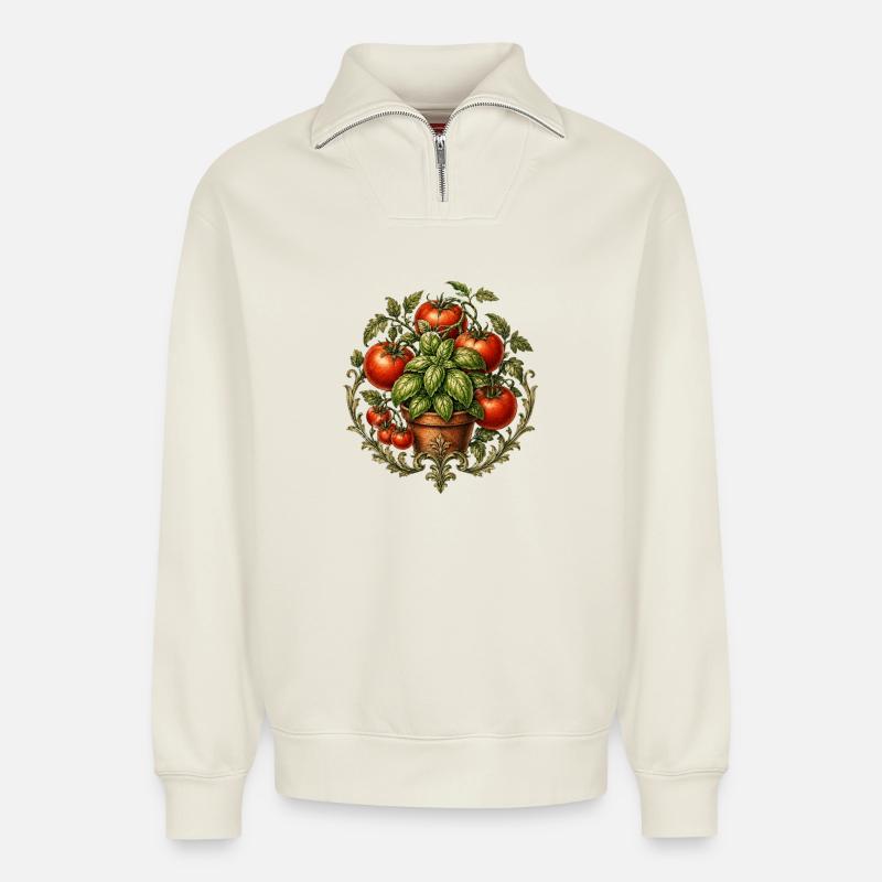 Tomatoes & Basil - Relaxed Unisex Organic Half Zip Sweatshirt – by SPREAD - off white