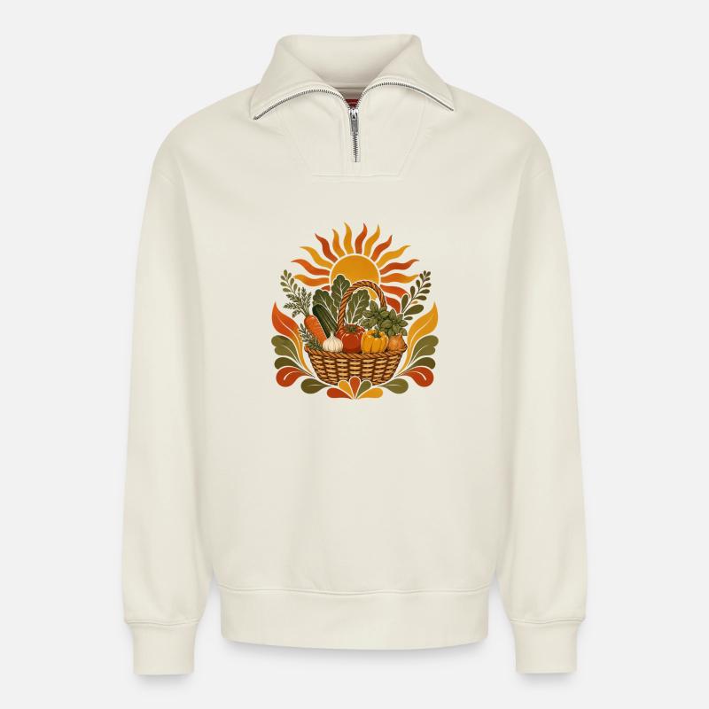 Panier de récolte d’été - Sweat unisexe décontracté en coton biologique à demi-zip – de SPREAD - blanc cassé