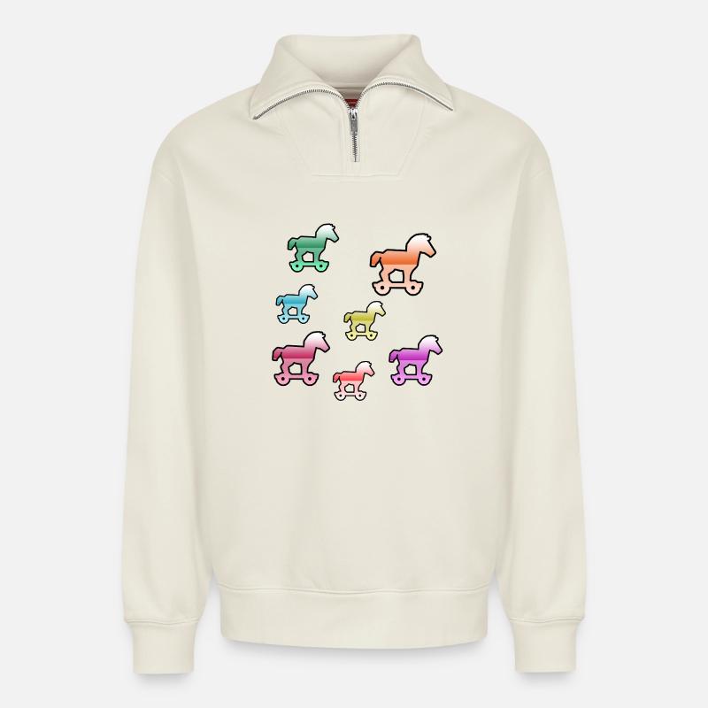 Chevaux - Sweat unisexe décontracté en coton biologique à demi-zip – de SPREAD - blanc cassé
