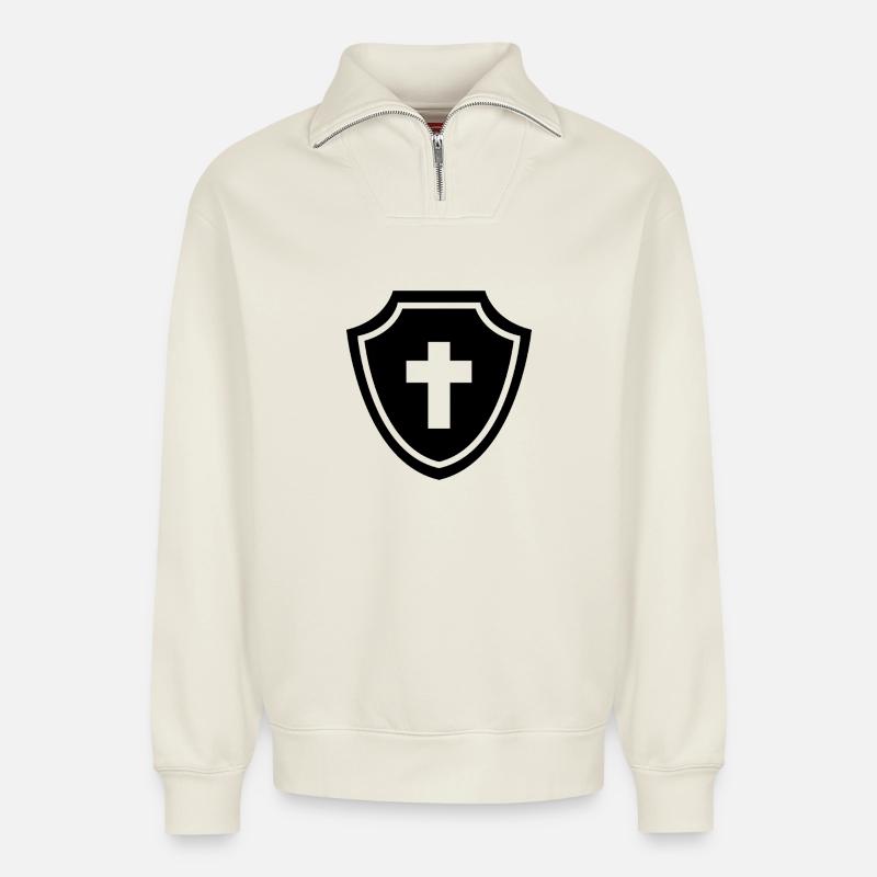 Bouclier d’Armure de Dieu - Sweat unisexe décontracté en coton biologique à demi-zip – de SPREAD - blanc cassé