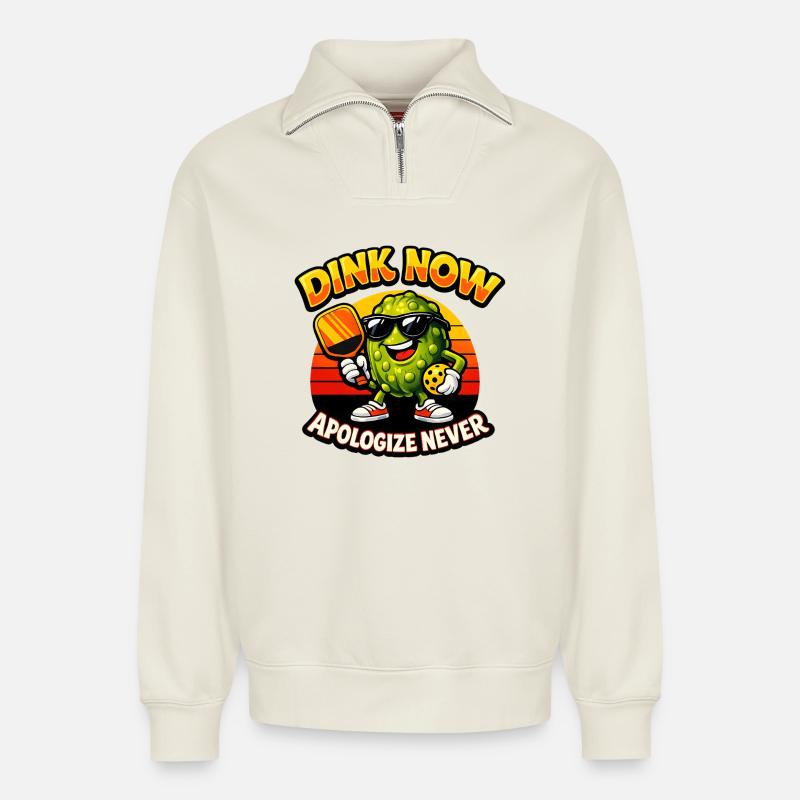 Dink Now Apologize Never - Relaxed Unisex Organic Half Zip Sweatshirt – von SPREAD - Naturweiß