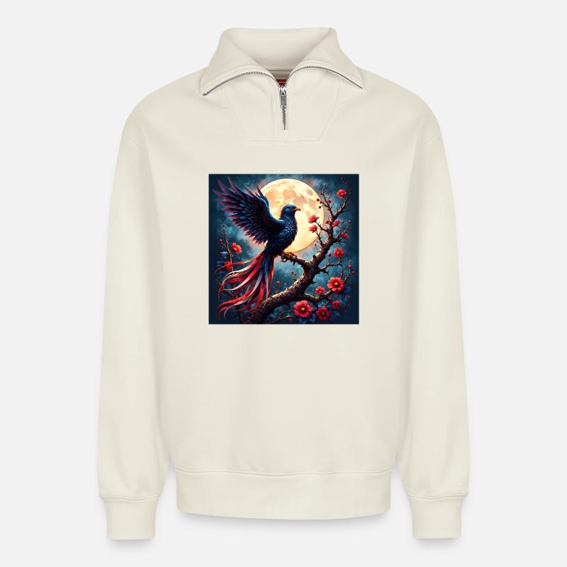Blue Phoenix Under Full Moon - Relaxed Unisex Organic Half Zip Sweatshirt – by SPREAD - off white