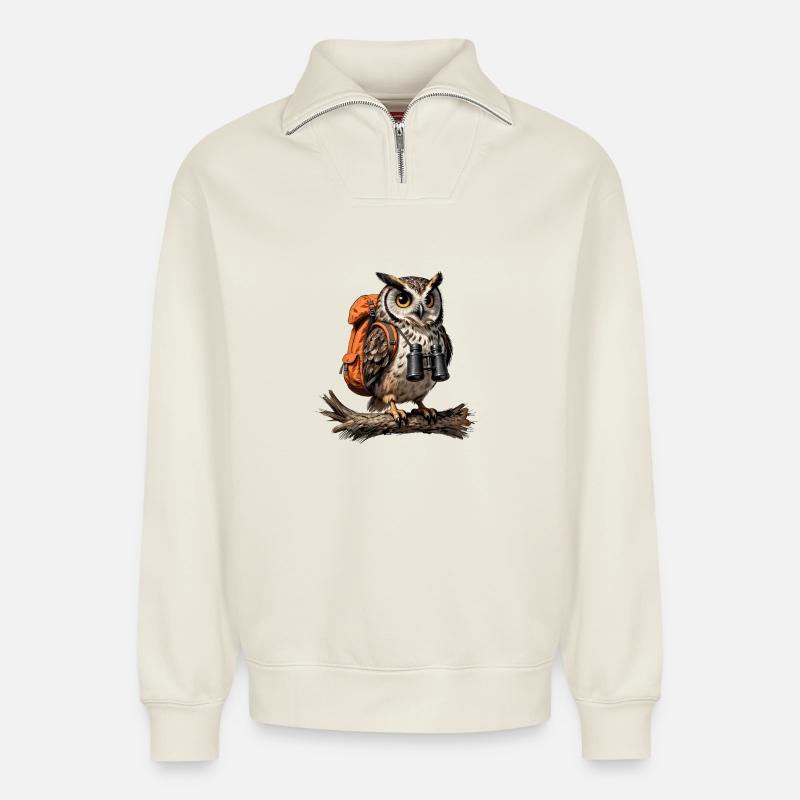 Erkundungseule und Wandertasche - Relaxed Unisex Organic Half Zip Sweatshirt – von SPREAD - Naturweiß