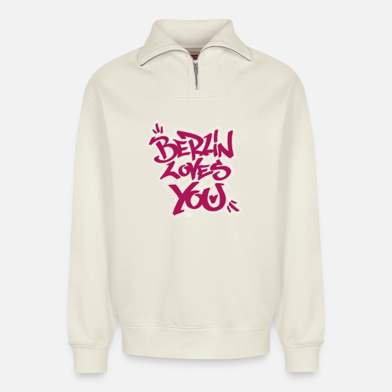Berlin liebt dich Graffiti-Style - Relaxed Unisex Organic Half Zip Sweatshirt – von SPREAD - Naturweiß