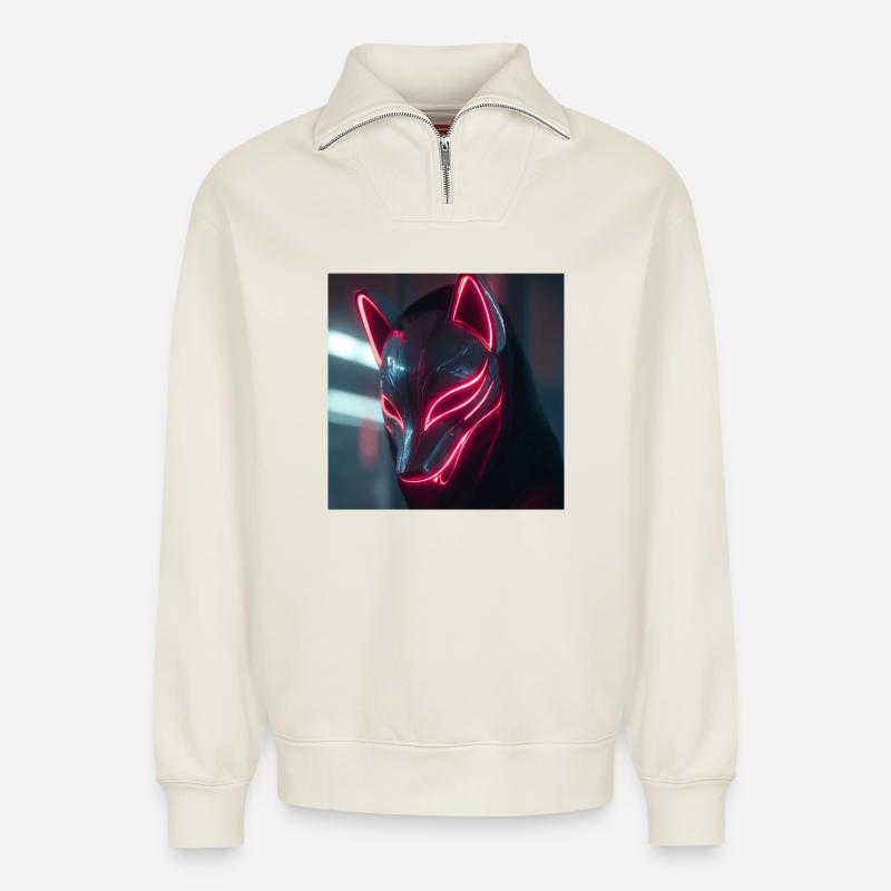 Neonfuchsmaske mit Leuchträndern - Relaxed Unisex Organic Half Zip Sweatshirt – von SPREAD - Naturweiß