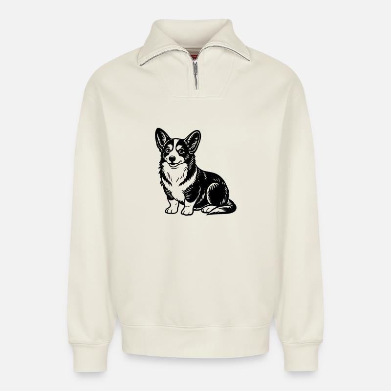 Corgi sitting - Relaxed Unisex Organic Half Zip Sweatshirt – by SPREAD - off white