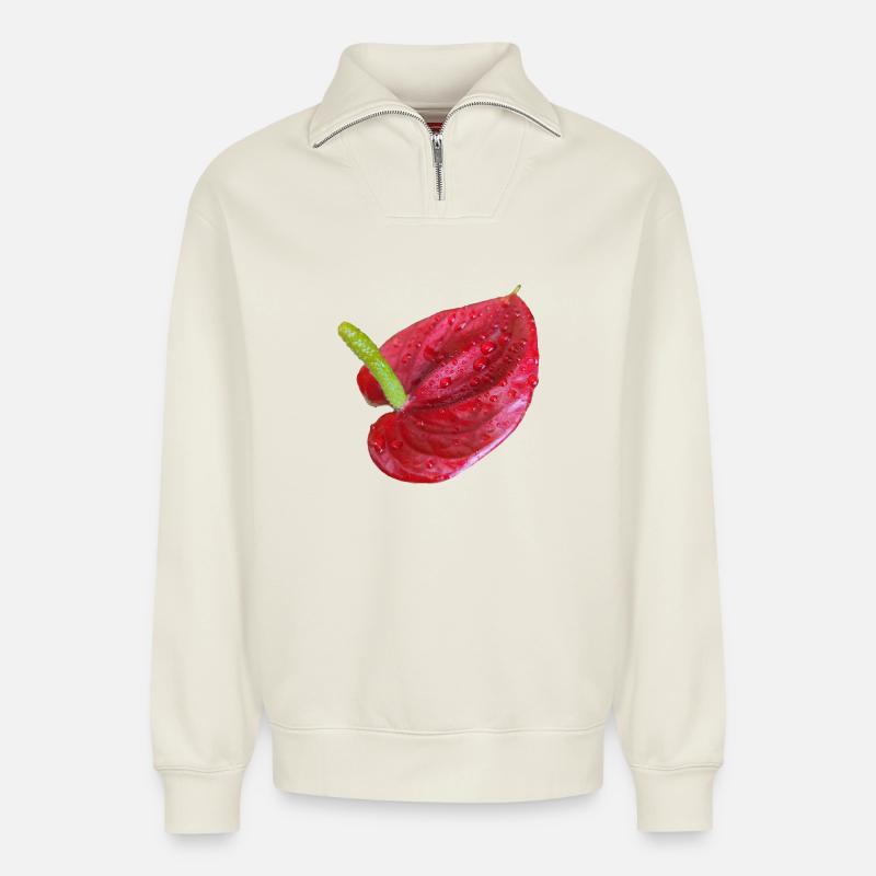 Vibrant_Red_Anthurium_Flower - Relaxed Unisex Organic Half Zip Sweatshirt – von SPREAD - Naturweiß
