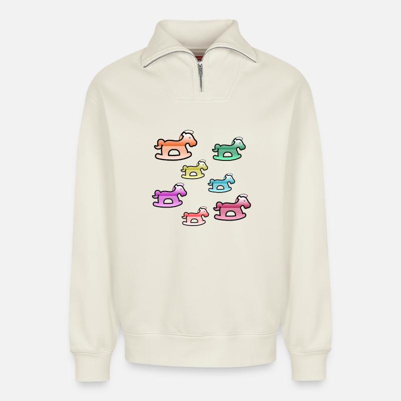 Chevaux - Sweat unisexe décontracté en coton biologique à demi-zip – de SPREAD - blanc cassé