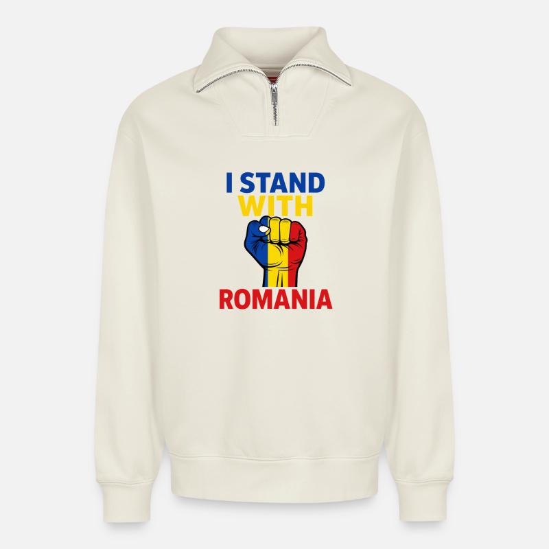 Support for Romania - Relaxed Unisex Organic Half Zip Sweatshirt – by SPREAD - off white