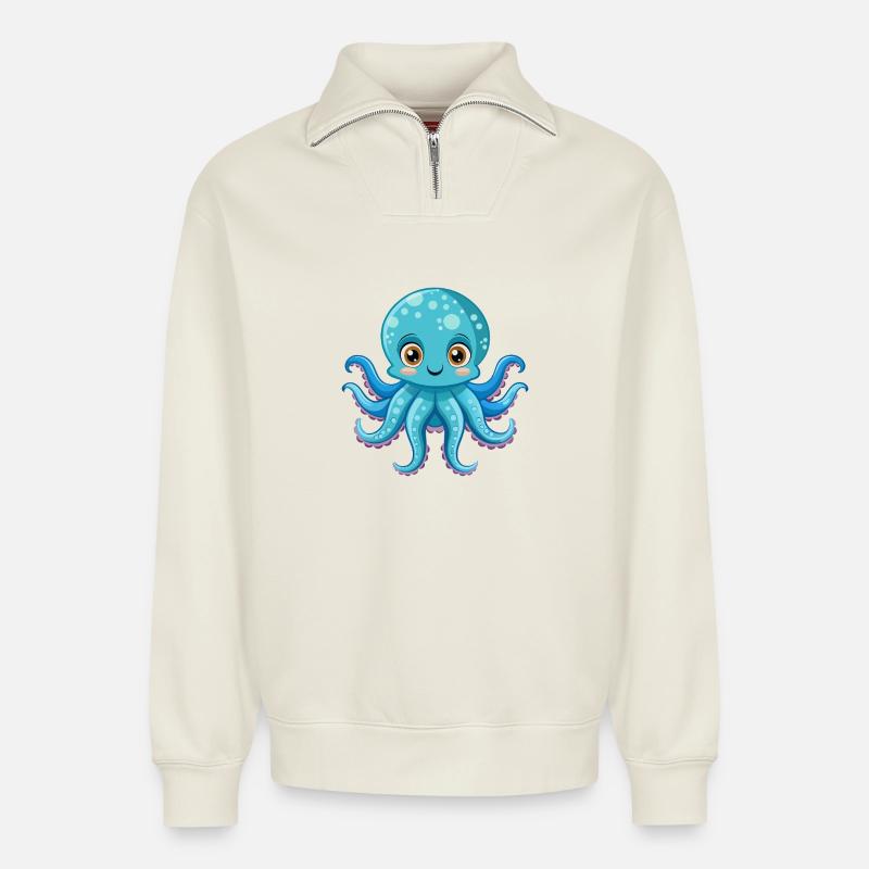 Une pieuvre mignonne - Sweat unisexe décontracté en coton biologique à demi-zip – de SPREAD - blanc cassé