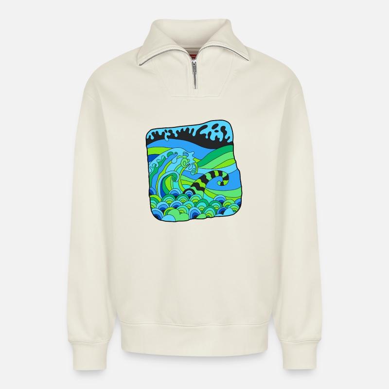 Green Deco Waves - Relaxed Unisex Organic Half Zip Sweatshirt – von SPREAD - Naturweiß
