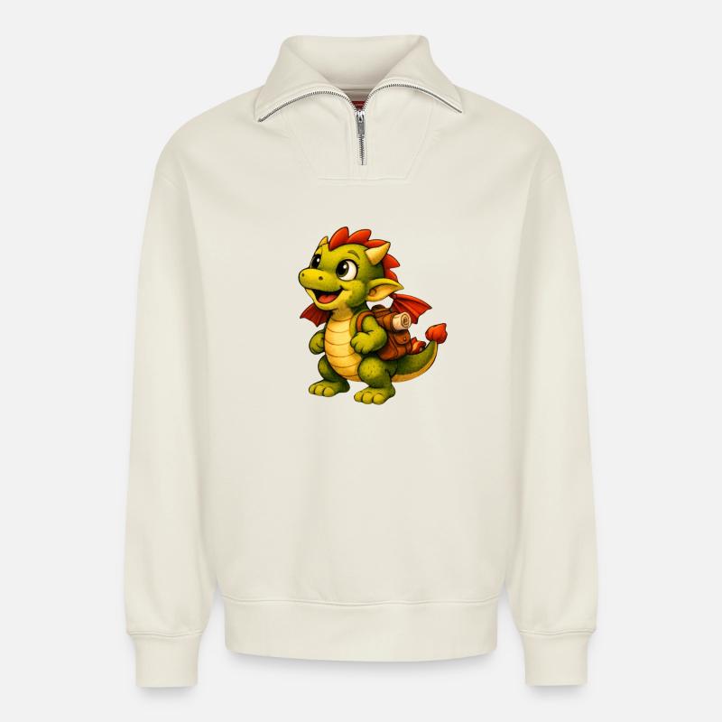 Kleiner Drachen mit Rucksack - Relaxed Unisex Organic Half Zip Sweatshirt – von SPREAD - Naturweiß