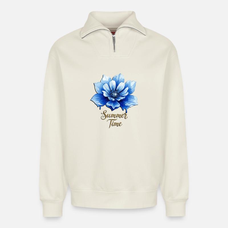 Blue Blossom – Heure avancée - Sweat unisexe décontracté en coton biologique à demi-zip – de SPREAD - blanc cassé