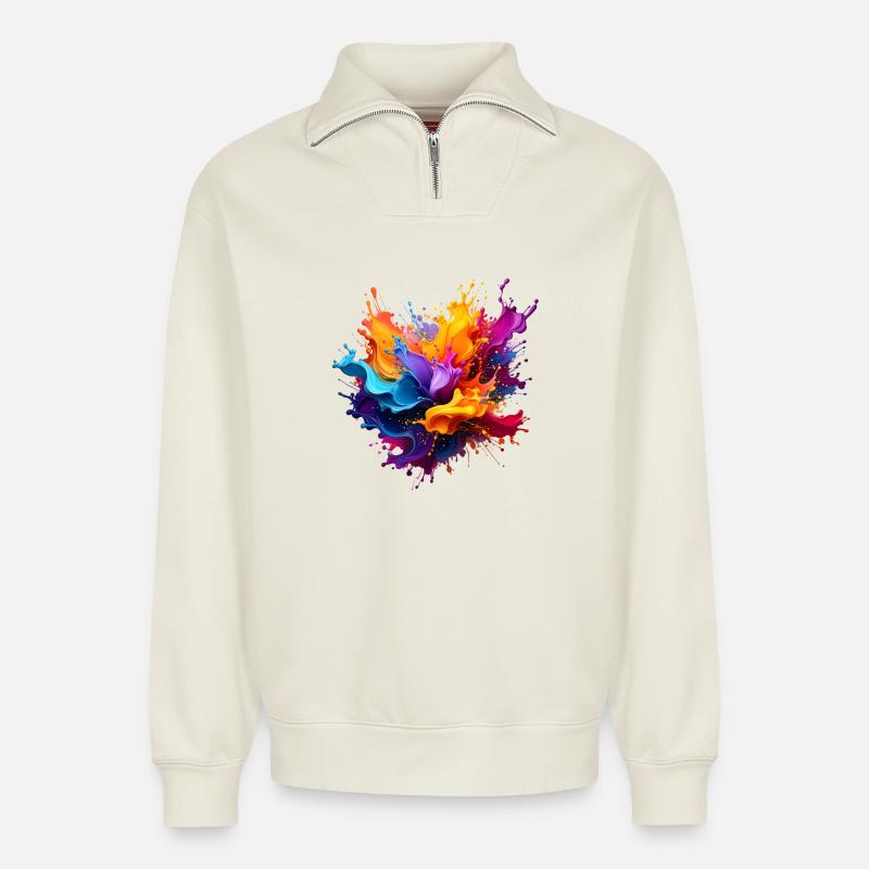 Paint Splash Explosion - Relaxed Unisex Organic Half Zip Sweatshirt – by SPREAD - off white