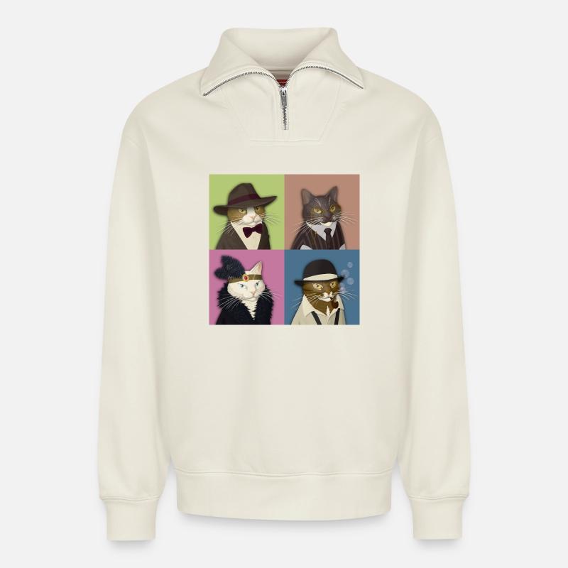 Dapper Cats Quartett - Relaxed Unisex Organic Half Zip Sweatshirt – von SPREAD - Naturweiß