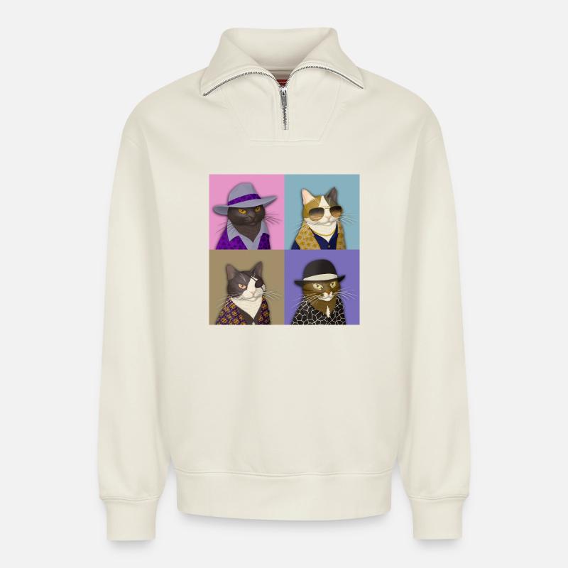 Badass Cat Quartet - Relaxed Unisex Organic Half Zip Sweatshirt – von SPREAD - Naturweiß