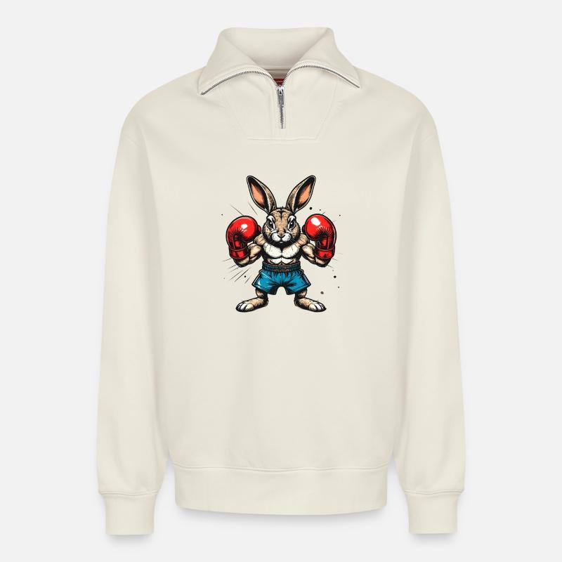 Boxender Hase mit Boxhandschuhen - Relaxed Unisex Organic Half Zip Sweatshirt – von SPREAD - Naturweiß
