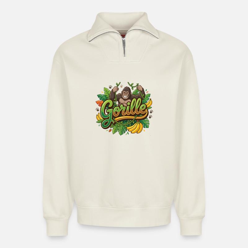 gorilla - Relaxed Unisex Organic Half Zip Sweatshirt – by SPREAD - off white