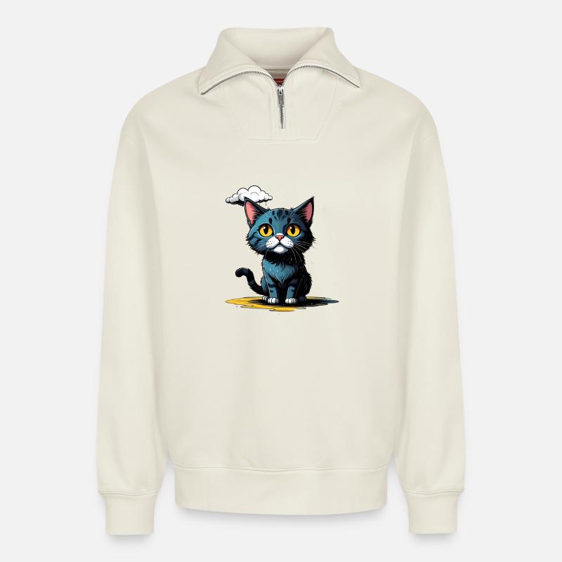 Cat under a rain cloud - Relaxed Unisex Organic Half Zip Sweatshirt – by SPREAD - off white