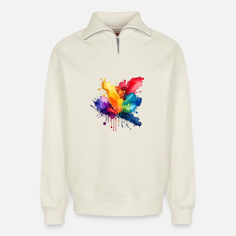 Paint Splash Explosion - Relaxed Unisex Organic Half Zip Sweatshirt – by SPREAD - off white