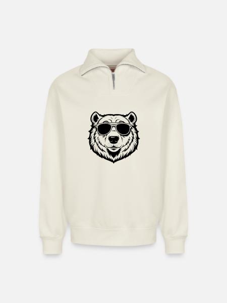 Cool Polar Bear with Sunglasses - Relaxed Unisex Organic Half Zip Sweatshirt – by SPREAD - off white