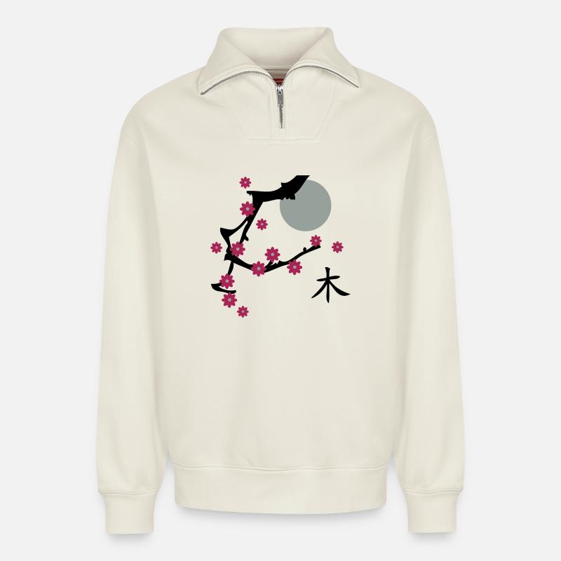 The Cherry blossom - Relaxed Unisex Organic Half Zip Sweatshirt – by SPREAD - off white