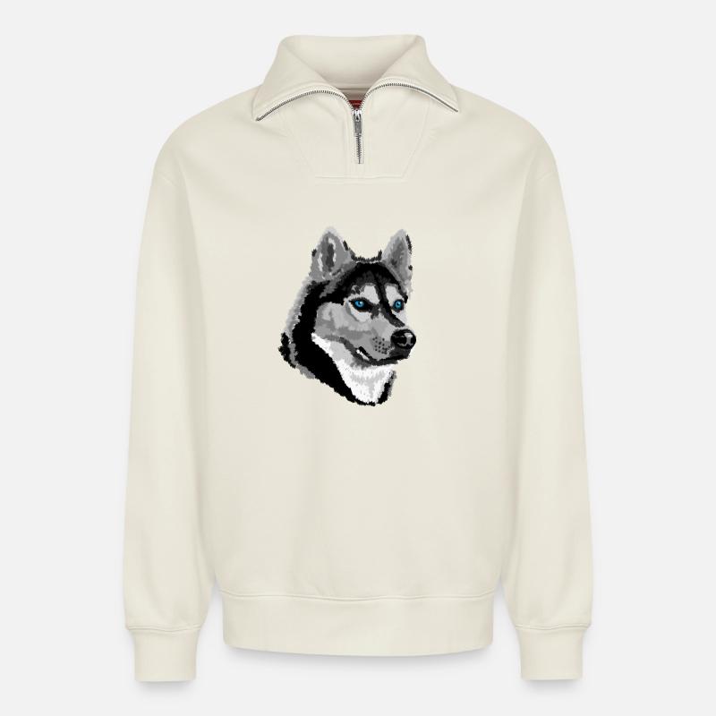 Husky - Sweat unisexe décontracté en coton biologique à demi-zip – de SPREAD - blanc cassé